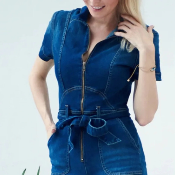 SUKISO WOMEN'S NAVY KIRA SHORT SLEEVED DENIM JUMPSUIT OVERALL SIZE SMALL - Picture 3 of 17